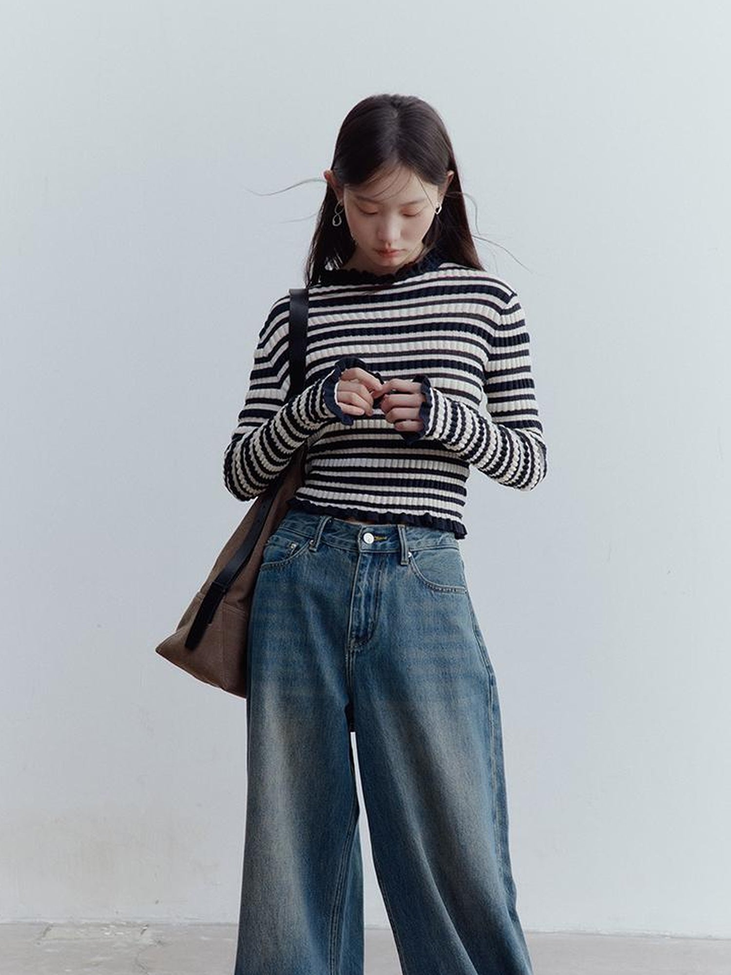 FUSSED Ribbed Leno Blue White Stripe Cool Touch Knit Top