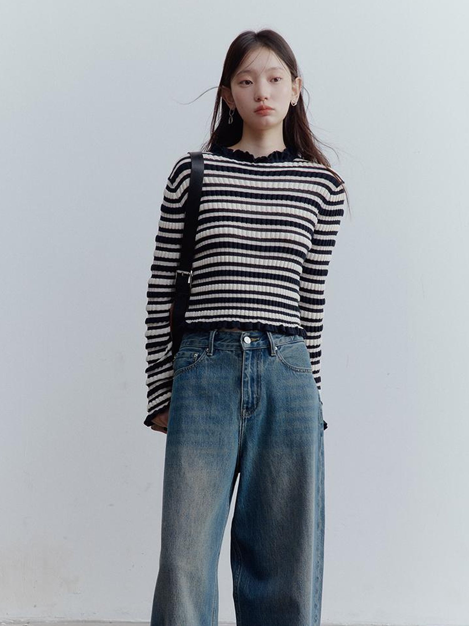 FUSSED Ribbed Leno Blue White Stripe Cool Touch Knit Top