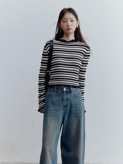 FUSSED Ribbed Leno Blue White Stripe Cool Touch Knit Top