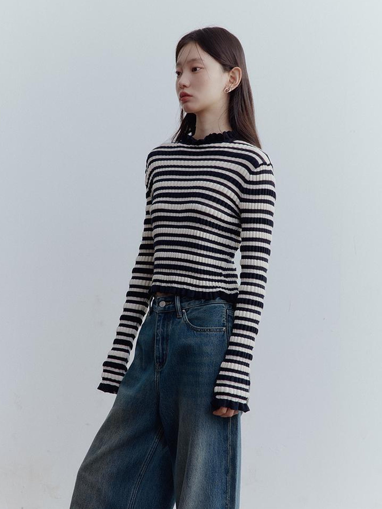 FUSSED Ribbed Leno Blue White Stripe Cool Touch Knit Top