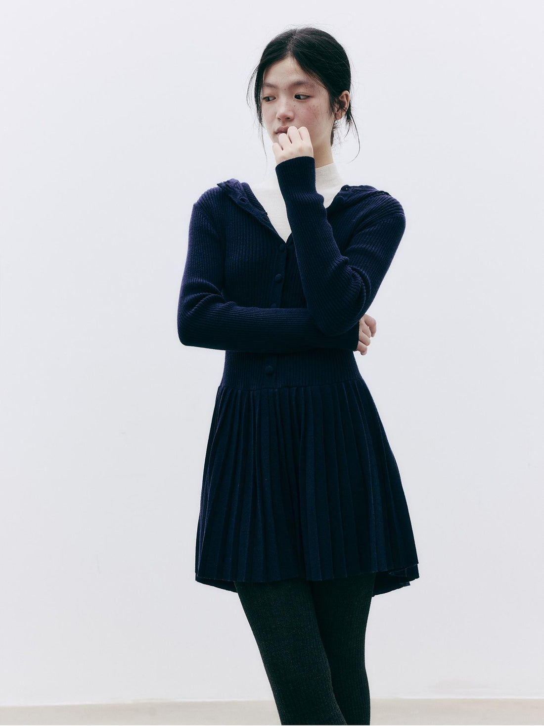 FUSSED Ribbed Texture Pleated Hooded Slim Fit Wool Women&