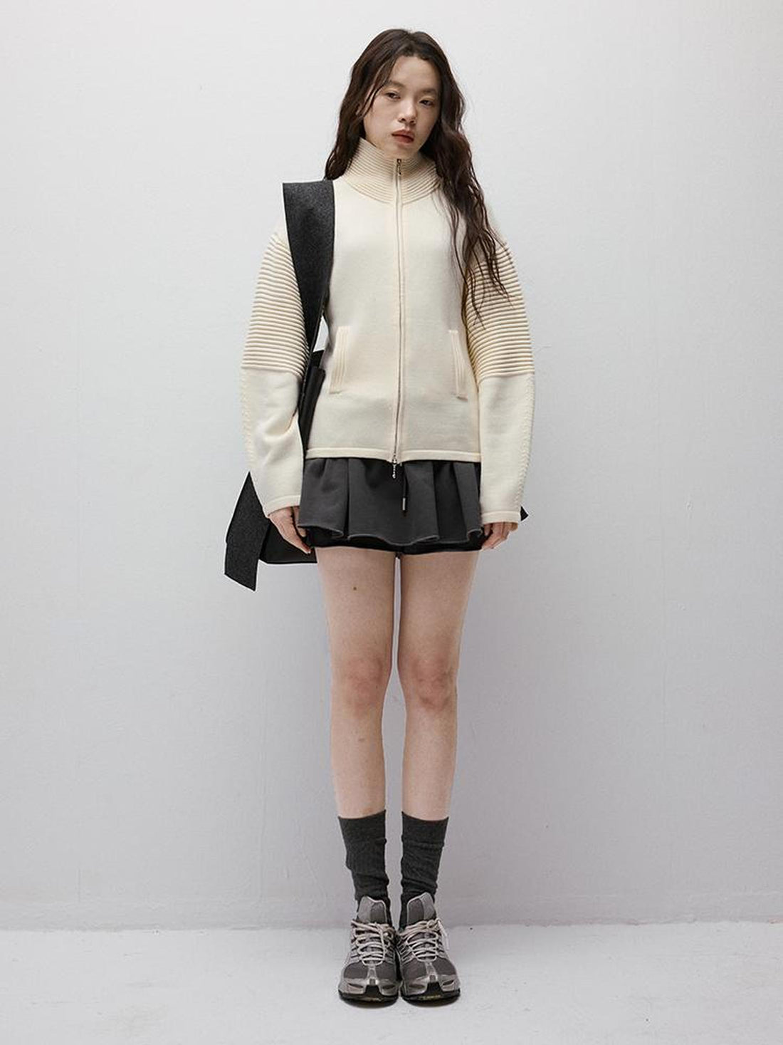 FUSSED Rippled Art Wave Knit Wool Blend Cropped Cardigan