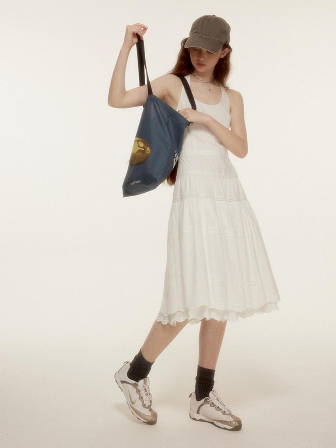 FUSSED Roman Holiday Floral Cutwork Embroidery Tiered Cotton Dress V-neck T-shirt Long Sleeve