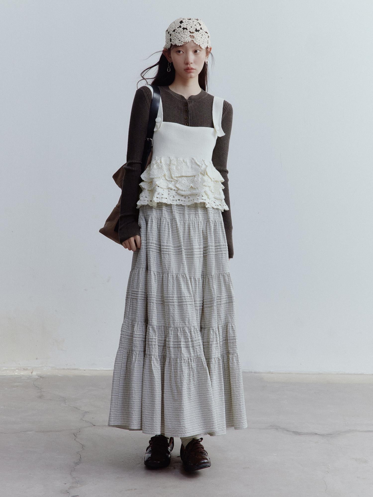 FUSSED Rotating Waltz Pleated High Low Checkered Cotton Cake Skirt
