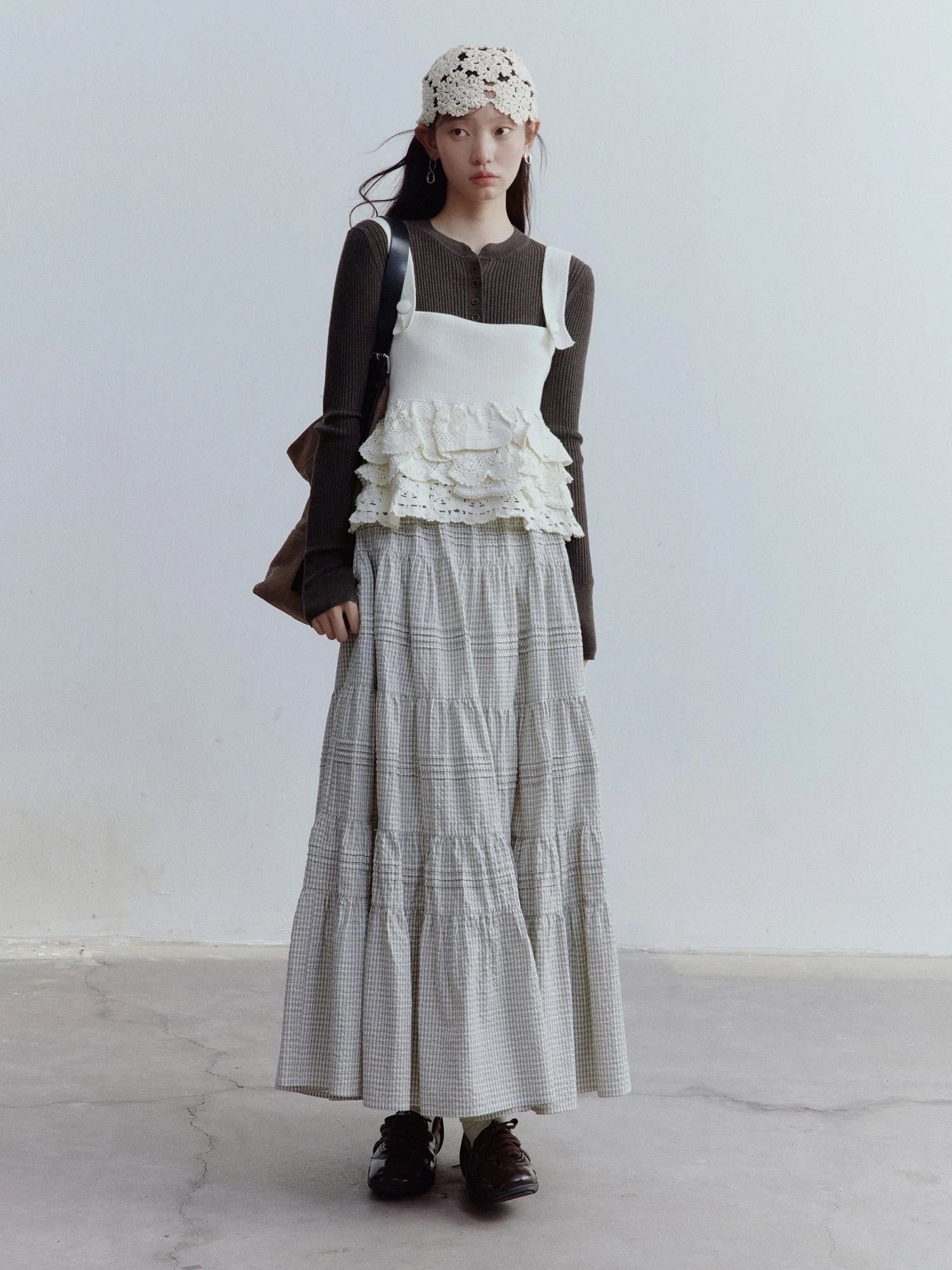 Rotating Waltz Pleated High Low Checkered Cotton Cake Skirt