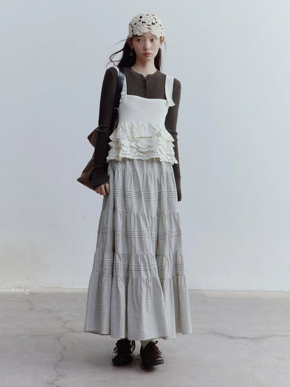 Rotating Waltz Pleated High Low Checkered Cotton Cake Skirt