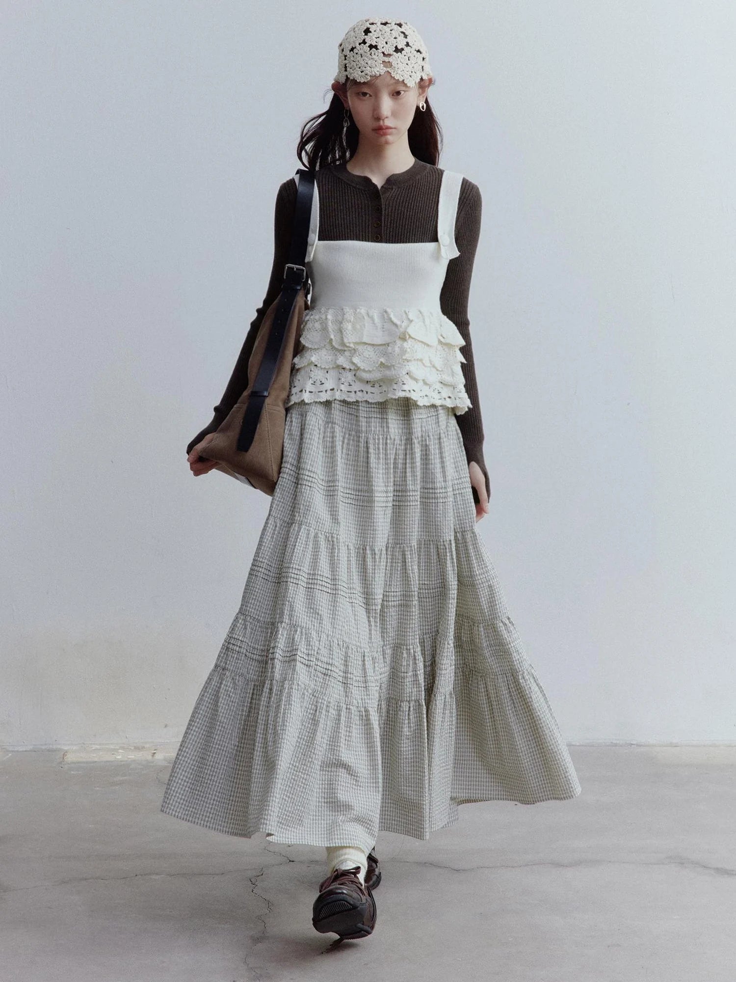 Rotating Waltz Pleated High Low Checkered Cotton Cake Skirt