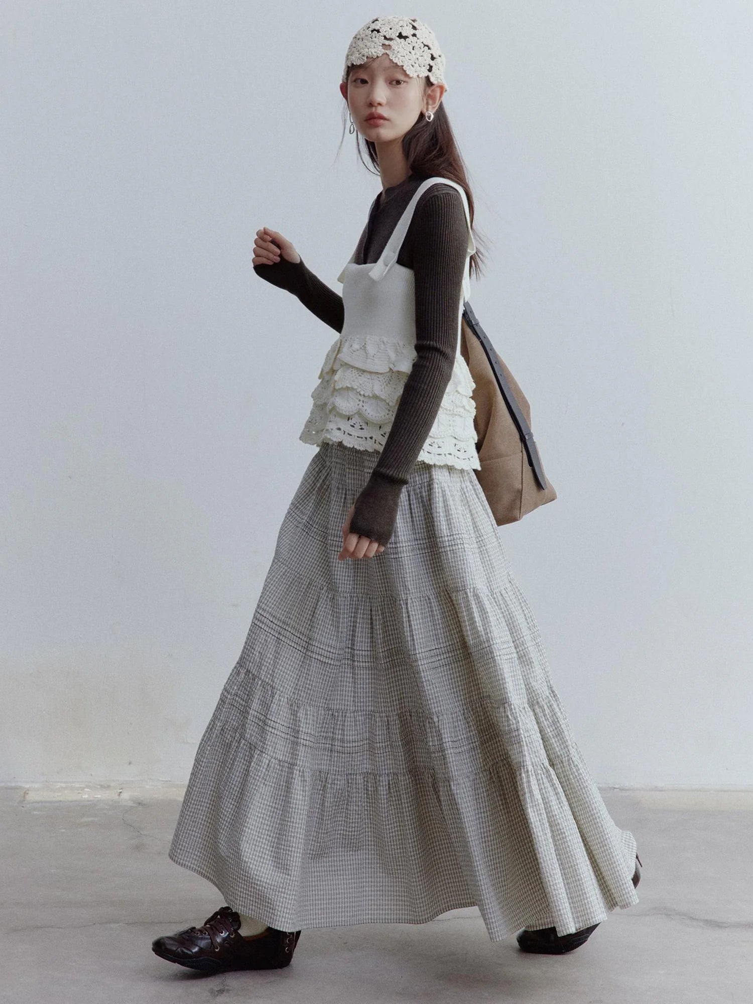 Rotating Waltz Pleated High Low Checkered Cotton Cake Skirt