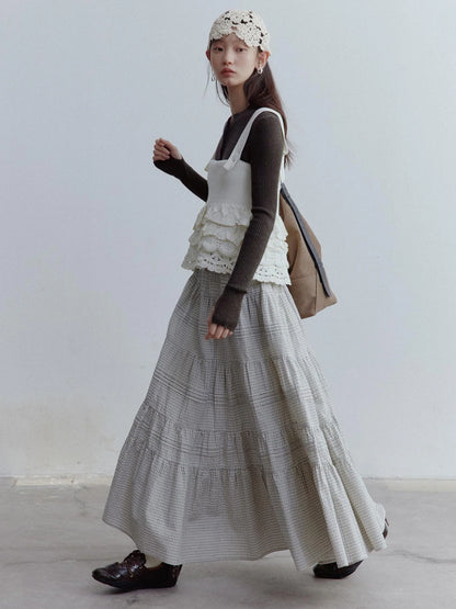 Rotating Waltz Pleated High Low Checkered Cotton Cake Skirt