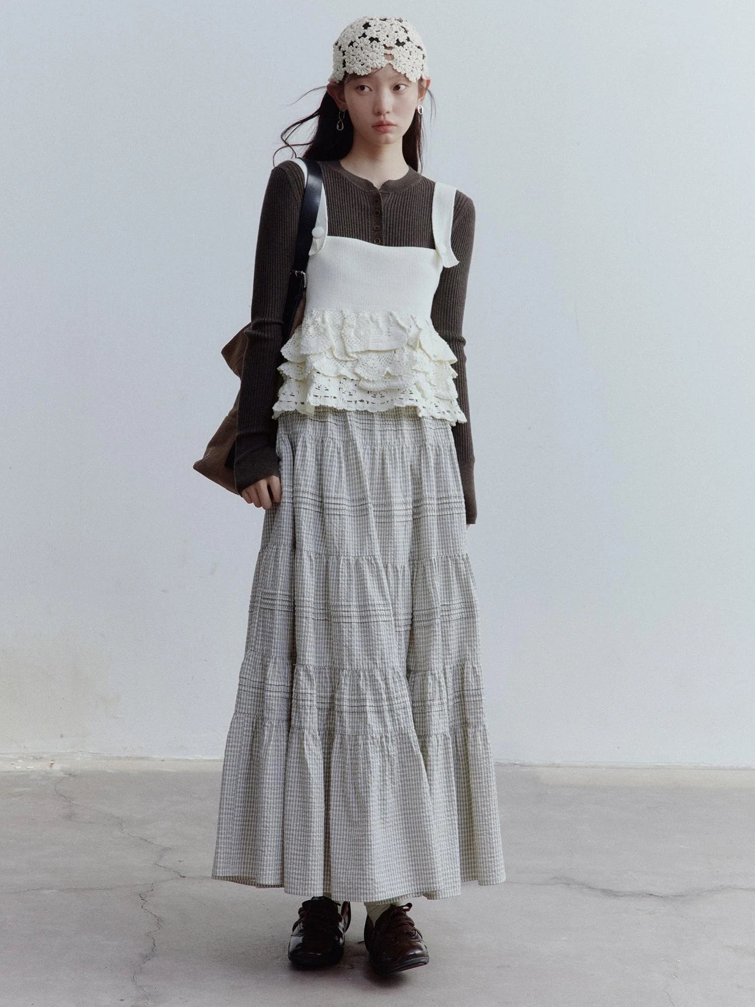 Rotating Waltz Pleated High Low Checkered Cotton Cake Skirt