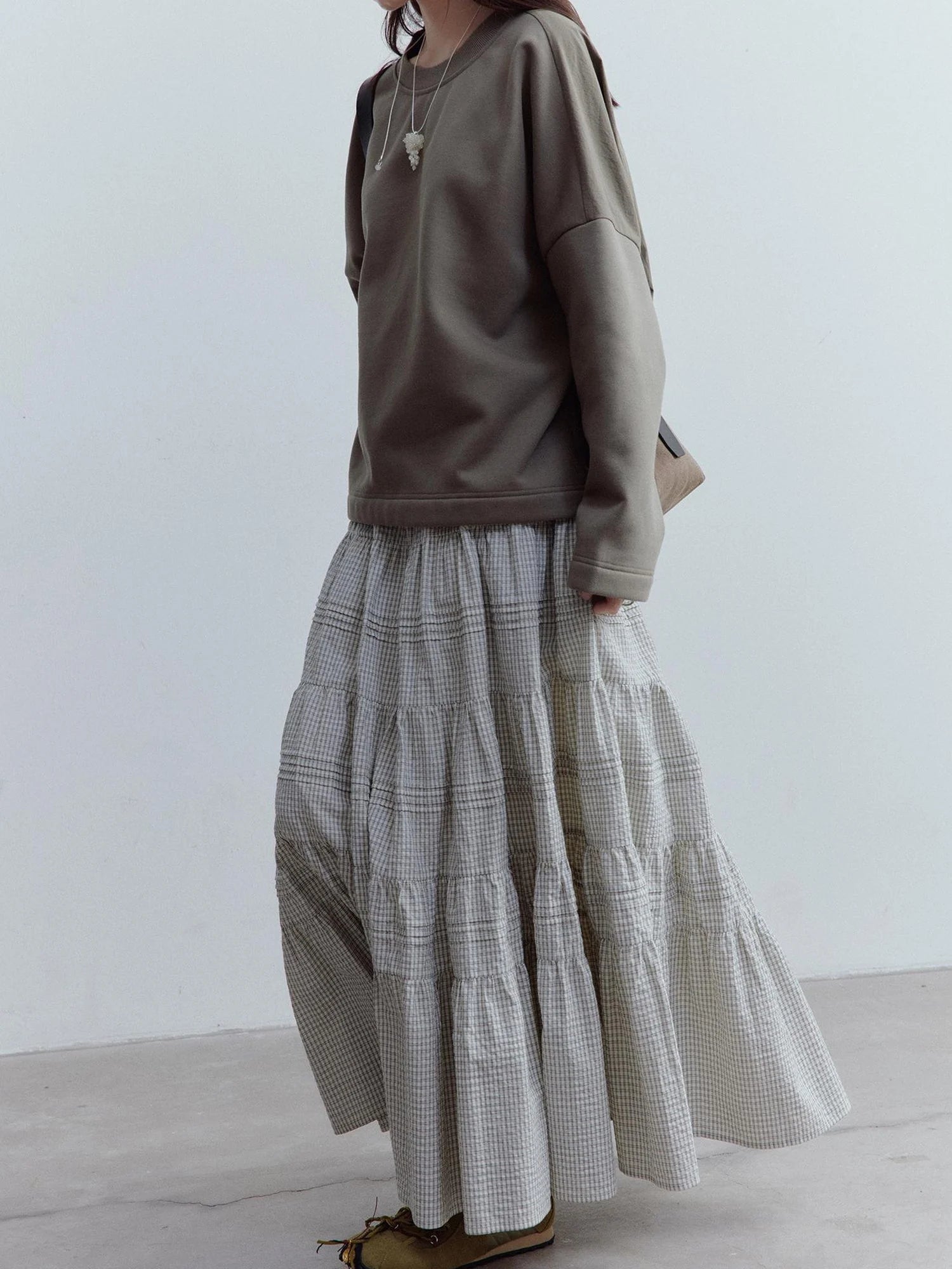 Rotating Waltz Pleated High Low Checkered Cotton Cake Skirt