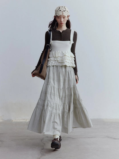 Rotating Waltz Pleated High Low Checkered Cotton Cake Skirt