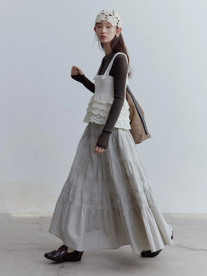 Rotating Waltz Pleated High Low Checkered Cotton Cake Skirt