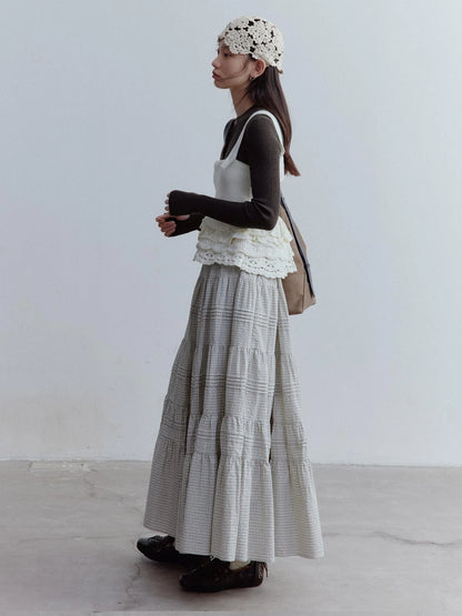 Rotating Waltz Pleated High Low Checkered Cotton Cake Skirt