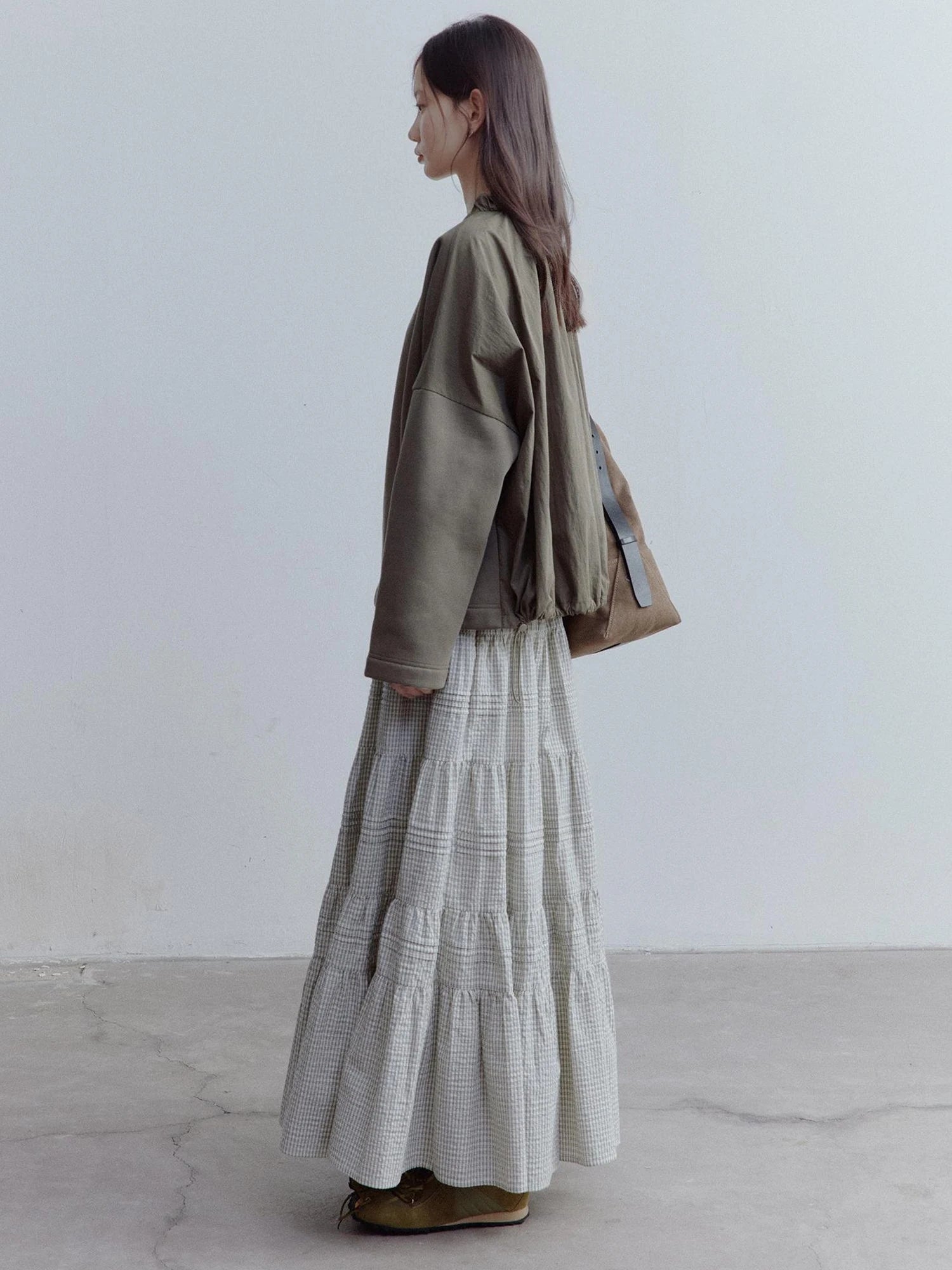 Rotating Waltz Pleated High Low Checkered Cotton Cake Skirt