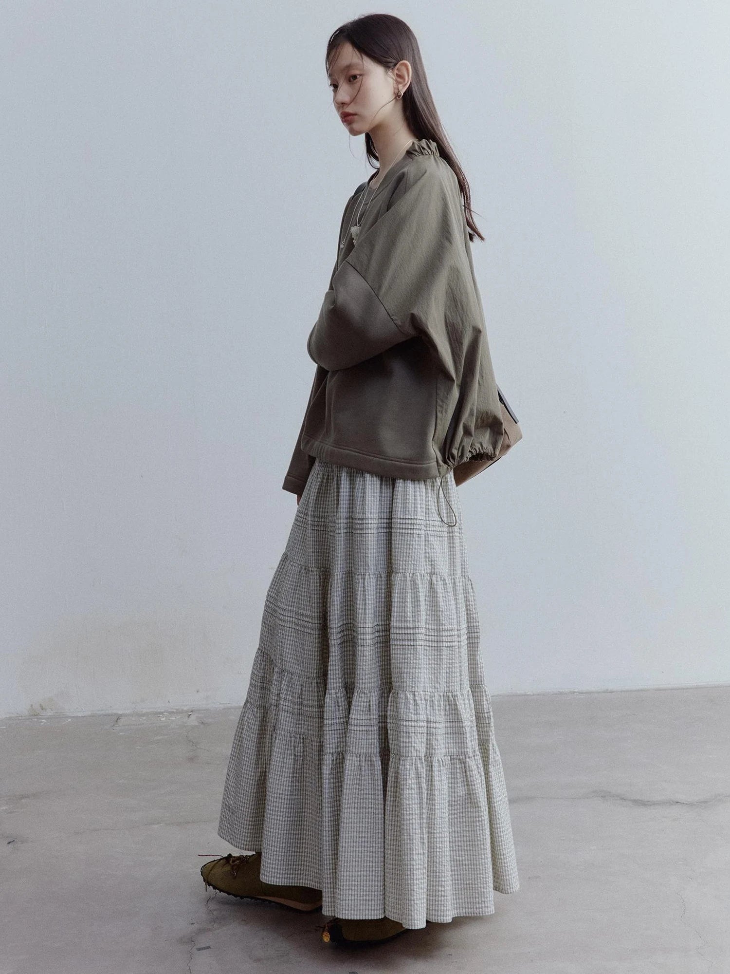 Rotating Waltz Pleated High Low Checkered Cotton Cake Skirt