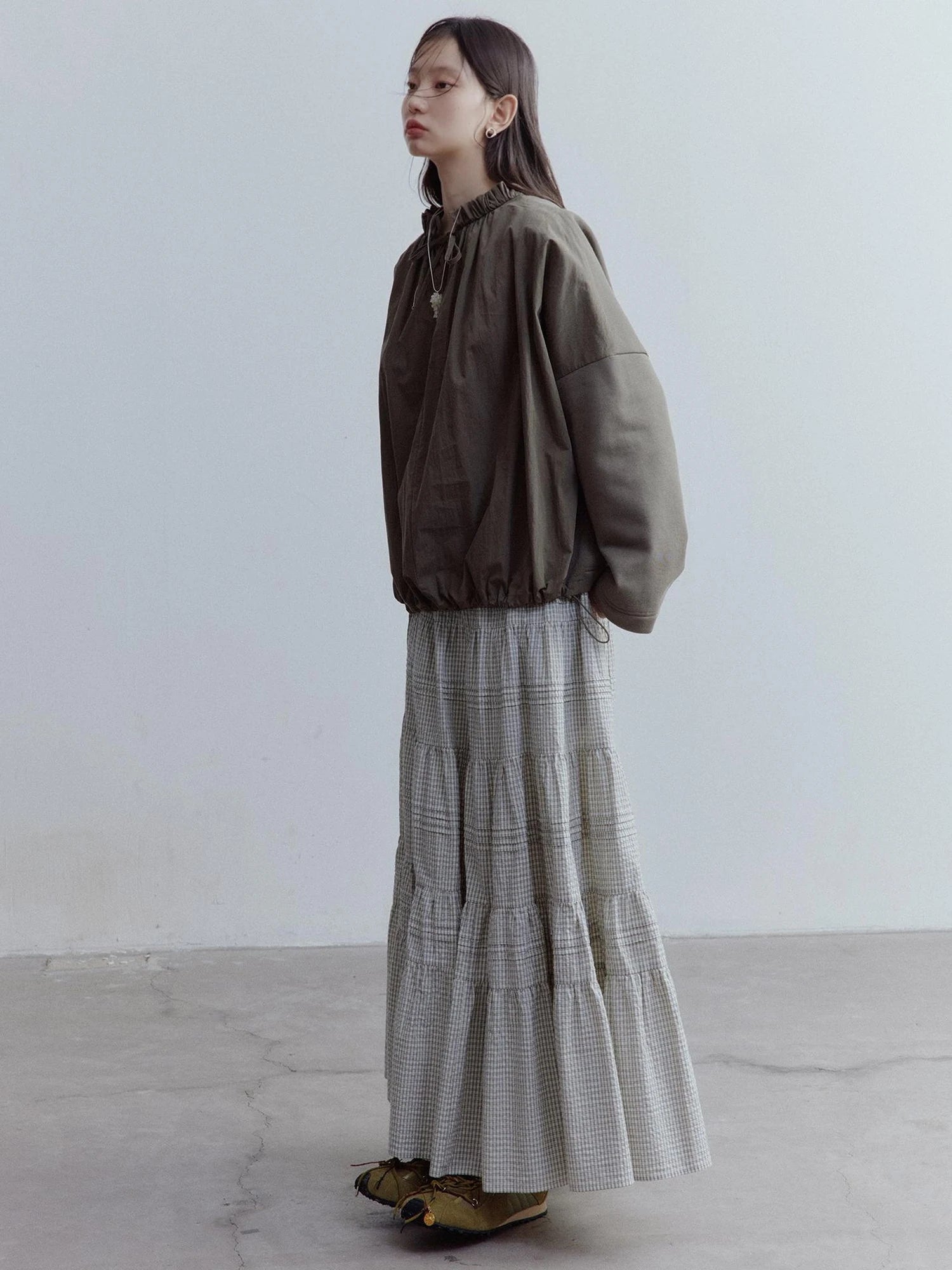 Rotating Waltz Pleated High Low Checkered Cotton Cake Skirt