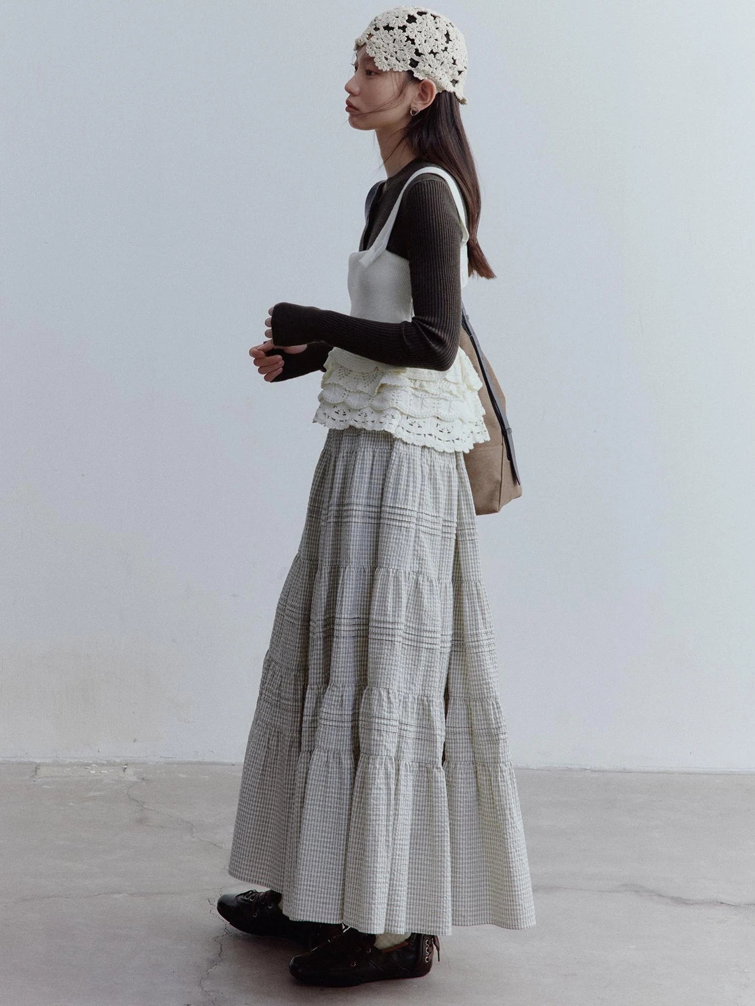 Rotating Waltz Pleated High Low Checkered Cotton Cake Skirt