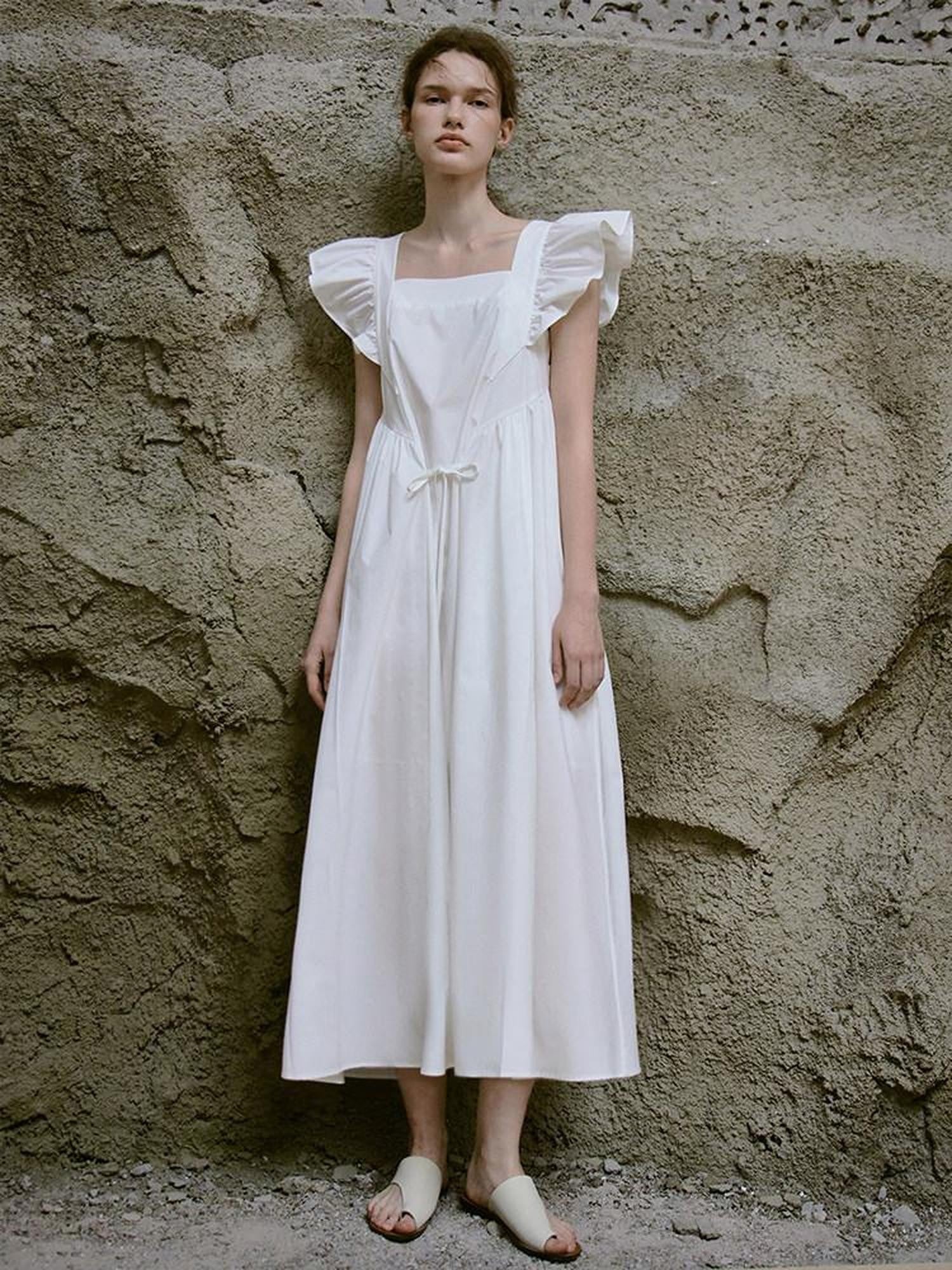 FUSSED Ruffle Square Neck A Line Tie Detail Women&