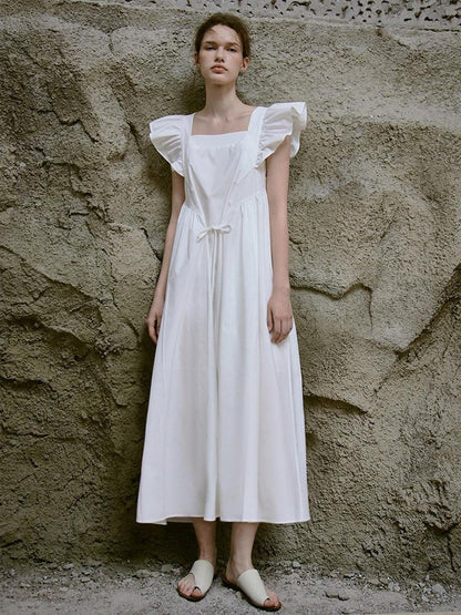 FUSSED Ruffle Square Neck A Line Tie Detail Women&