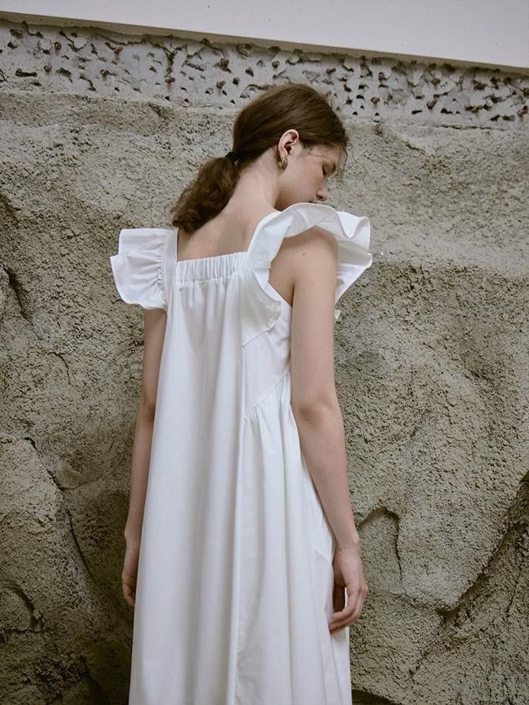 FUSSED Ruffle Square Neck A Line Tie Detail Women&