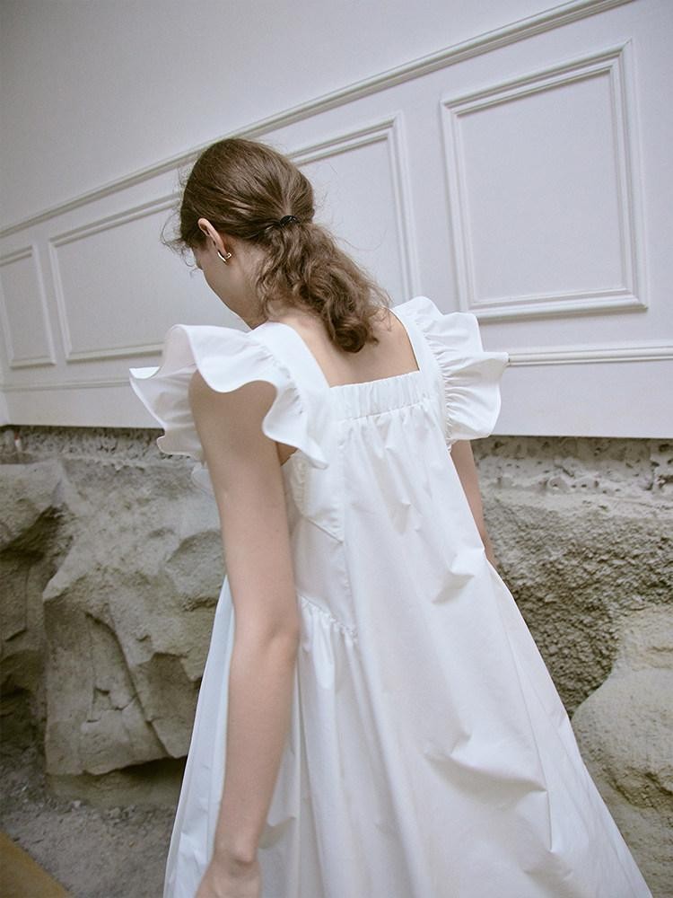 FUSSED Ruffle Square Neck A Line Tie Detail Women&