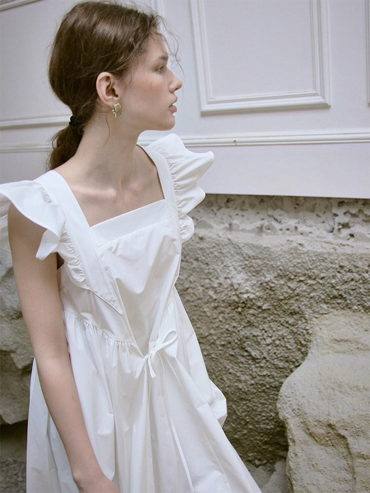 FUSSED Ruffle Square Neck A Line Tie Detail Women&
