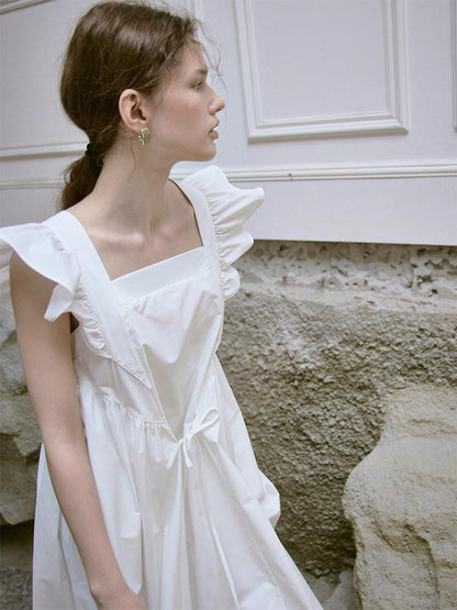 FUSSED Ruffle Square Neck A Line Tie Detail Women&
