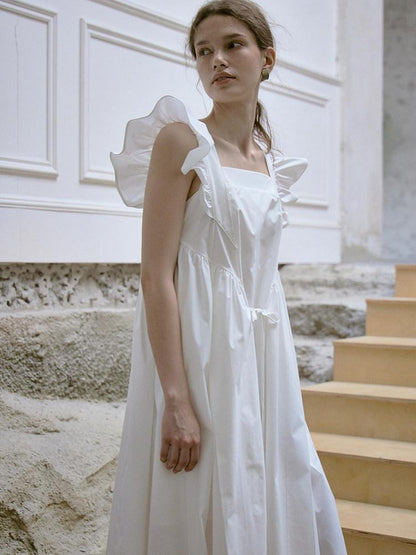 FUSSED Ruffle Square Neck A Line Tie Detail Women&