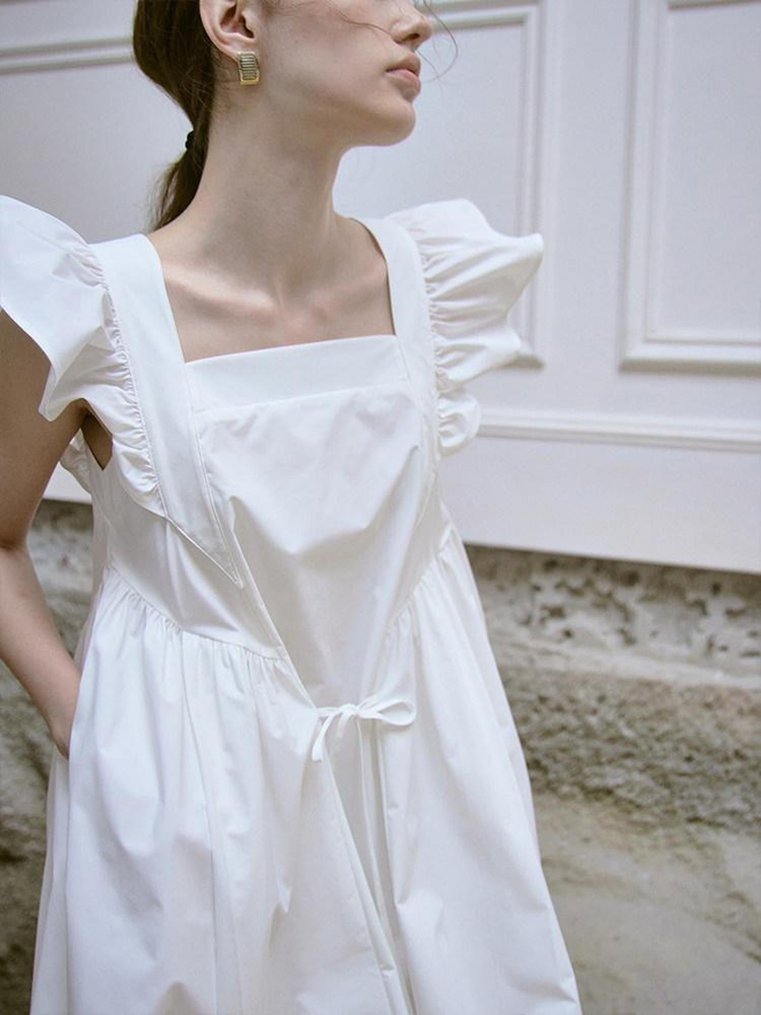FUSSED Ruffle Square Neck A Line Tie Detail Women&