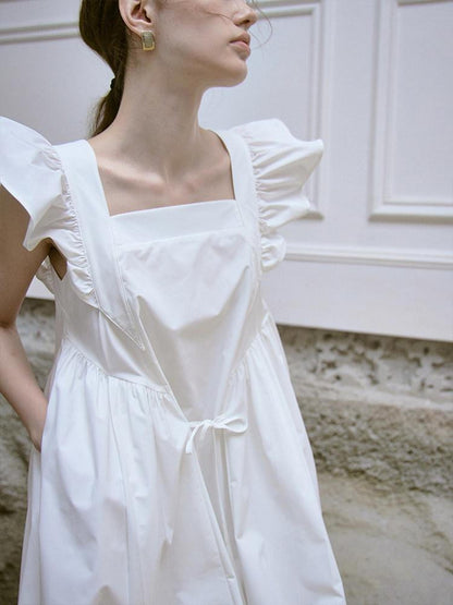 FUSSED Ruffle Square Neck A Line Tie Detail Women&