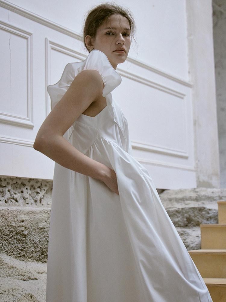 FUSSED Ruffle Square Neck A Line Tie Detail Women&