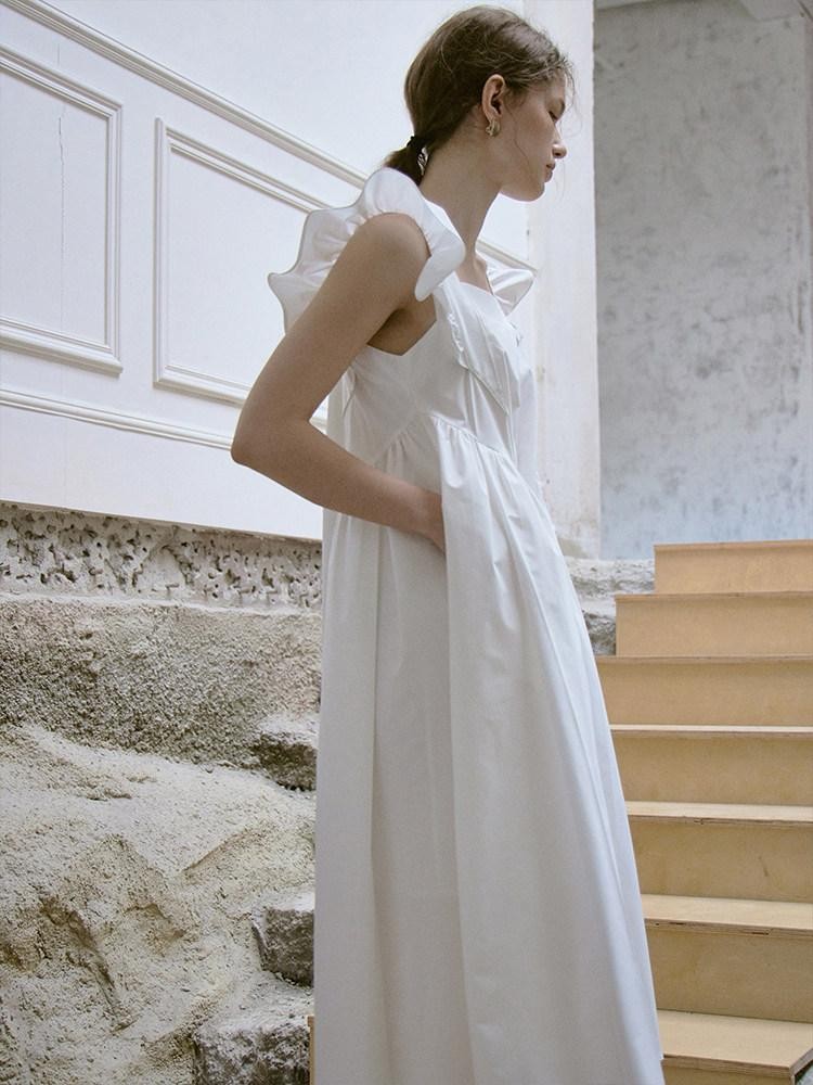 FUSSED Ruffle Square Neck A Line Tie Detail Women&
