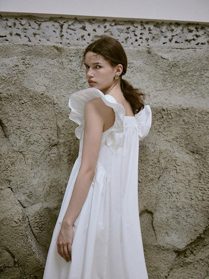 FUSSED Ruffle Square Neck A Line Tie Detail Women&