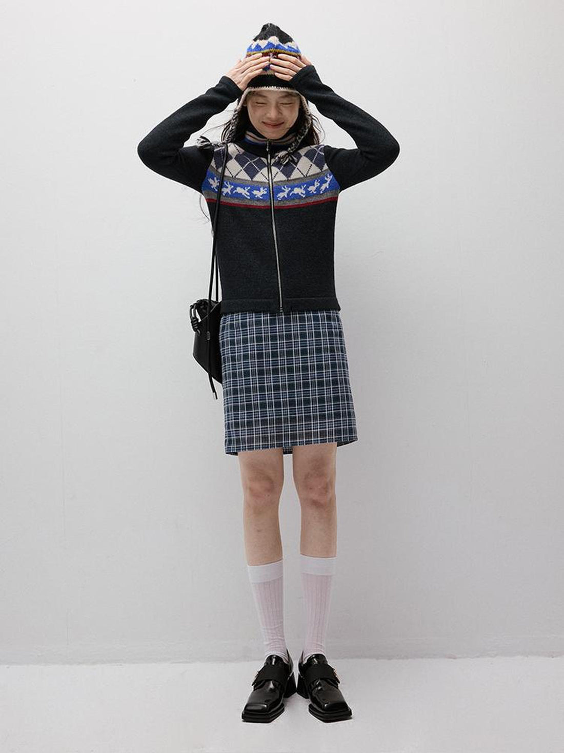 FUSSED Running Rabbits Fair Isle Six Color Jacquard Cardigan V-neck T-shirt Long Sleeve