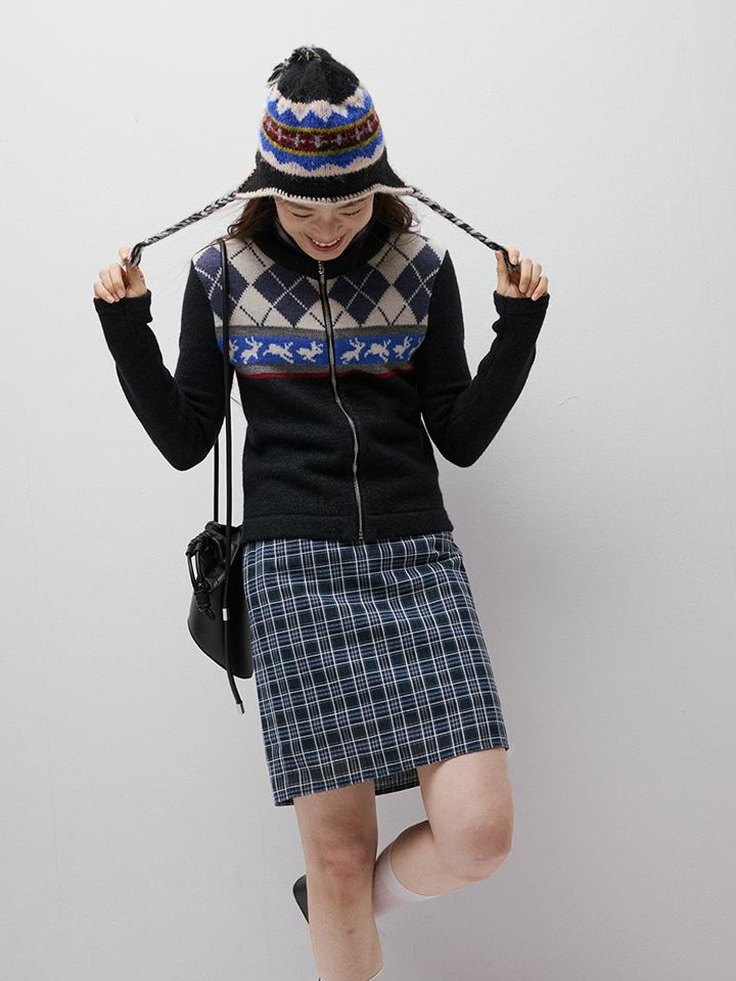 FUSSED Running Rabbits Fair Isle Six Color Jacquard Cardigan V Neck T Shirt Long Sleeve