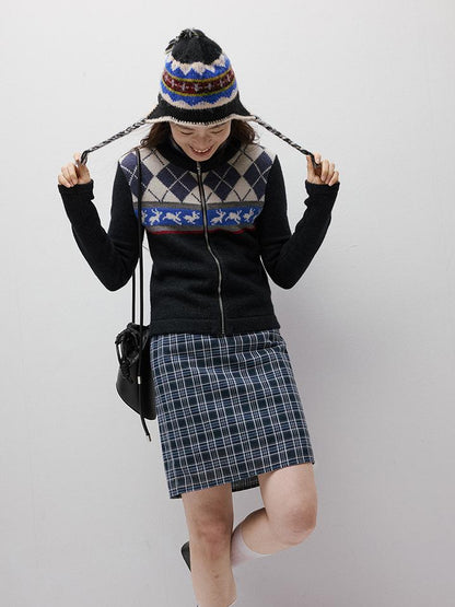 FUSSED Running Rabbits Fair Isle Six Color Jacquard Cardigan V Neck T Shirt Long Sleeve