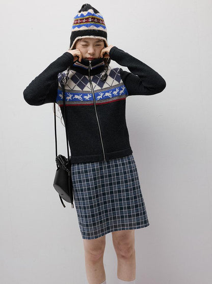 FUSSED Running Rabbits Fair Isle Six Color Jacquard Cardigan V Neck T Shirt Long Sleeve