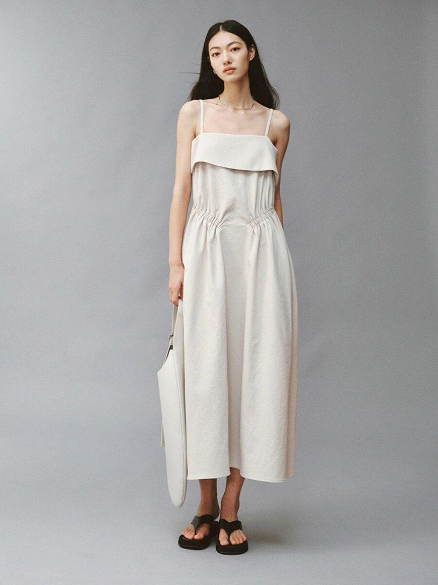 FUSSED Sage Gray Asymmetric Cinched Waist Spaghetti Strap Women&