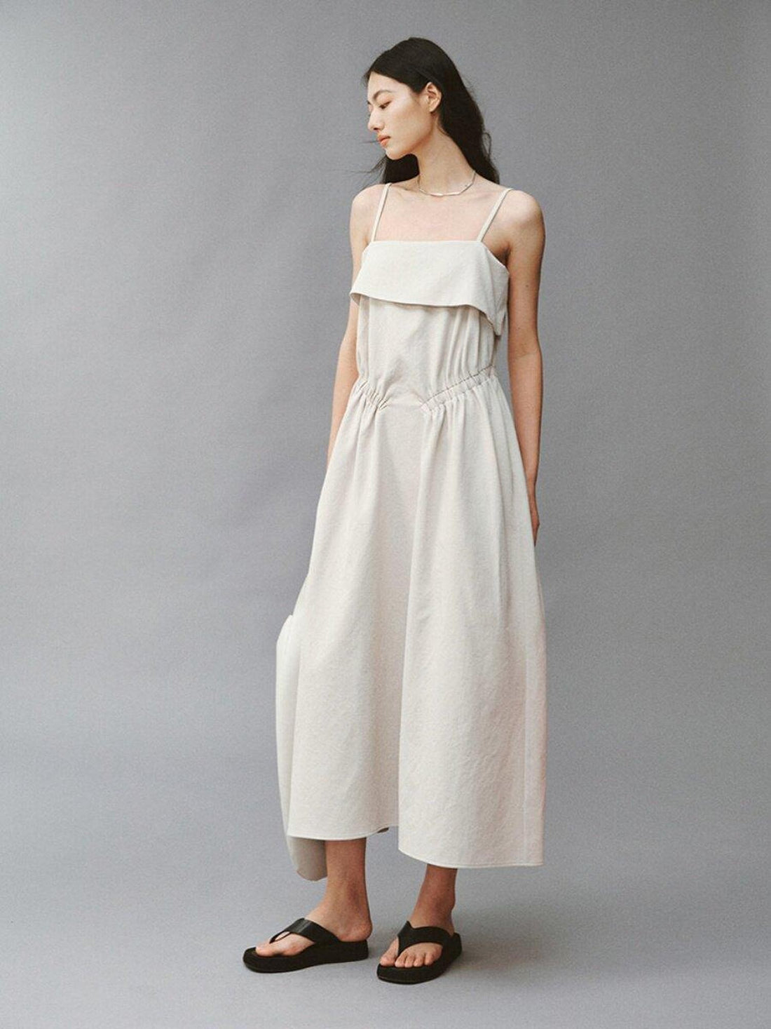FUSSED Sage Gray Asymmetric Cinched Waist Spaghetti Strap Women&
