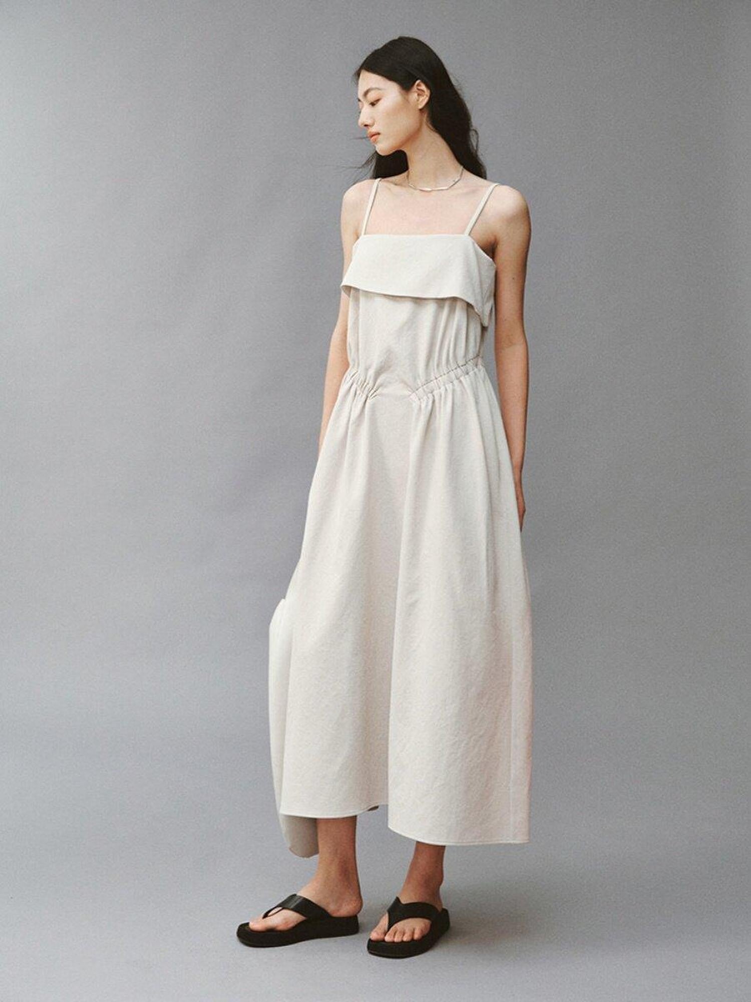 FUSSED Sage Gray Asymmetric Cinched Waist Spaghetti Strap Women&