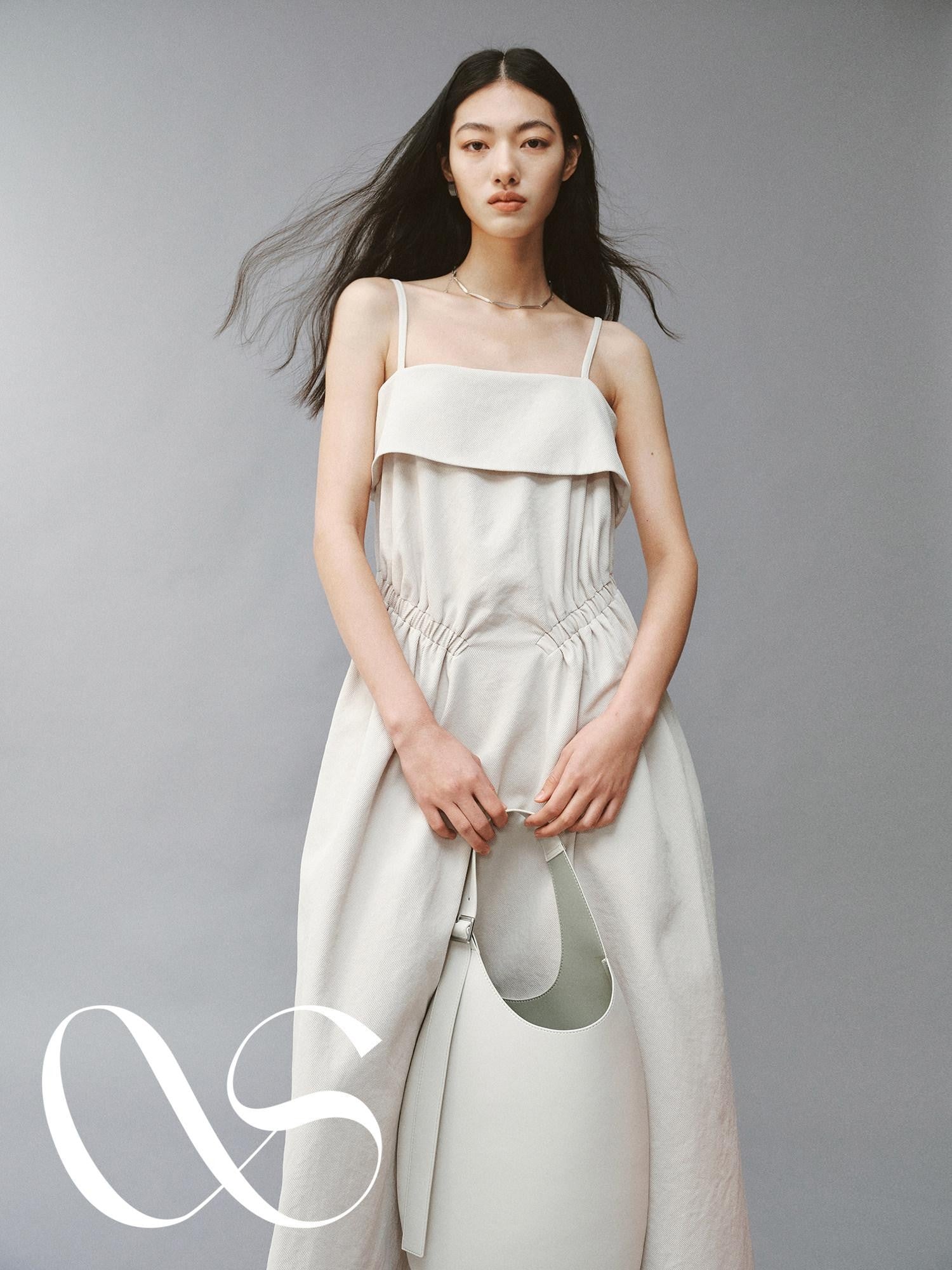 FUSSED Sage Gray Asymmetric Cinched Waist Spaghetti Strap Women&