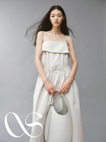FUSSED Sage Gray Asymmetric Cinched Waist Spaghetti Strap Women&