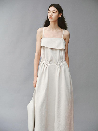 FUSSED Sage Gray Asymmetric Cinched Waist Spaghetti Strap Women&