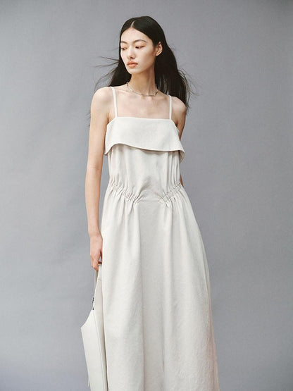 FUSSED Sage Gray Asymmetric Cinched Waist Spaghetti Strap Women&