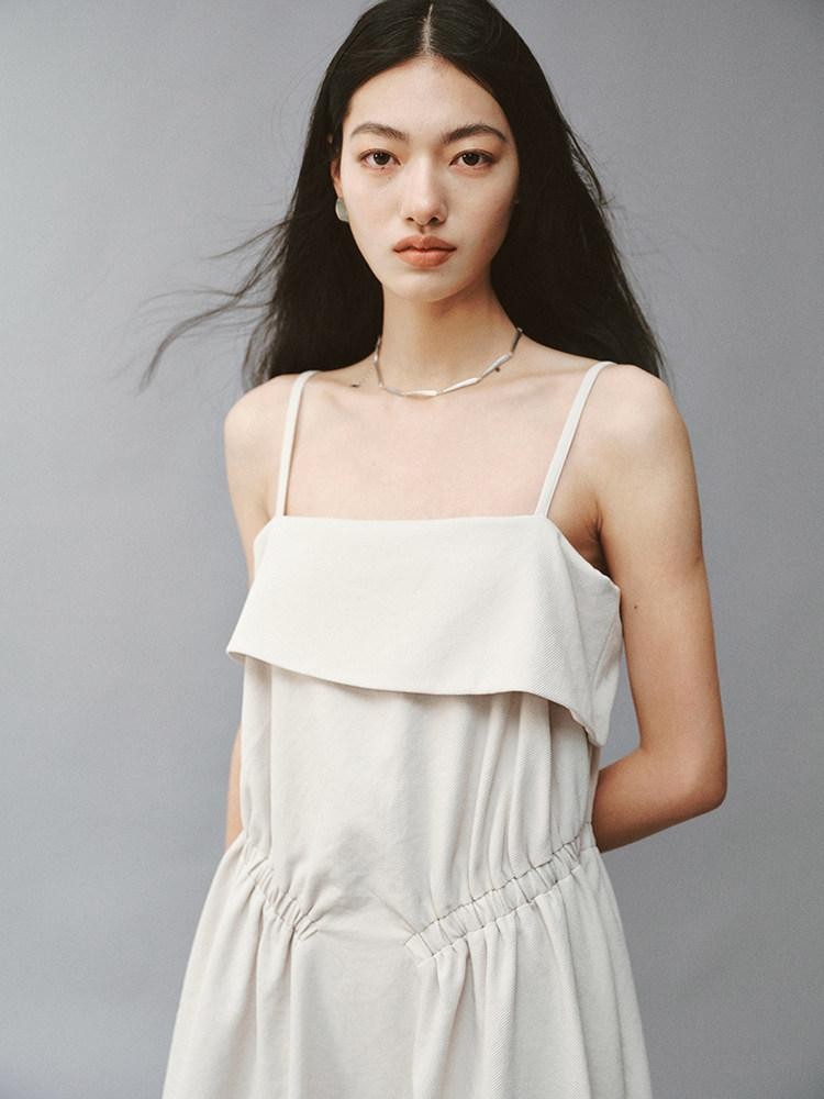 FUSSED Sage Gray Asymmetric Cinched Waist Spaghetti Strap Women&