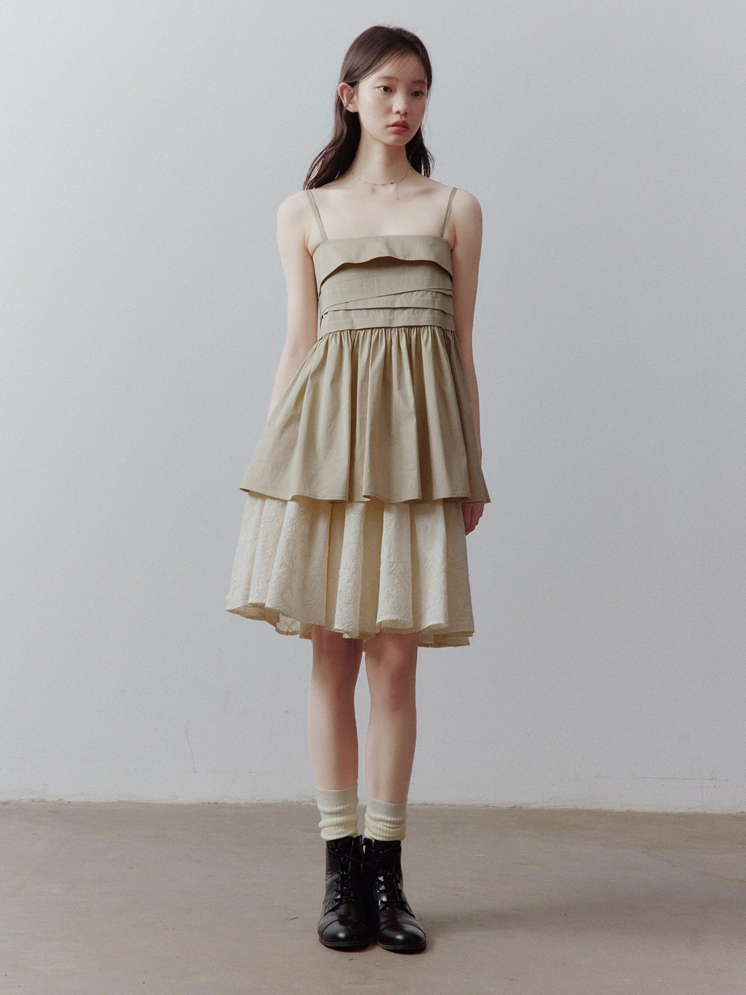 FUSSED Sand Almond Layered Splice Irregular Pleat Zip Women&