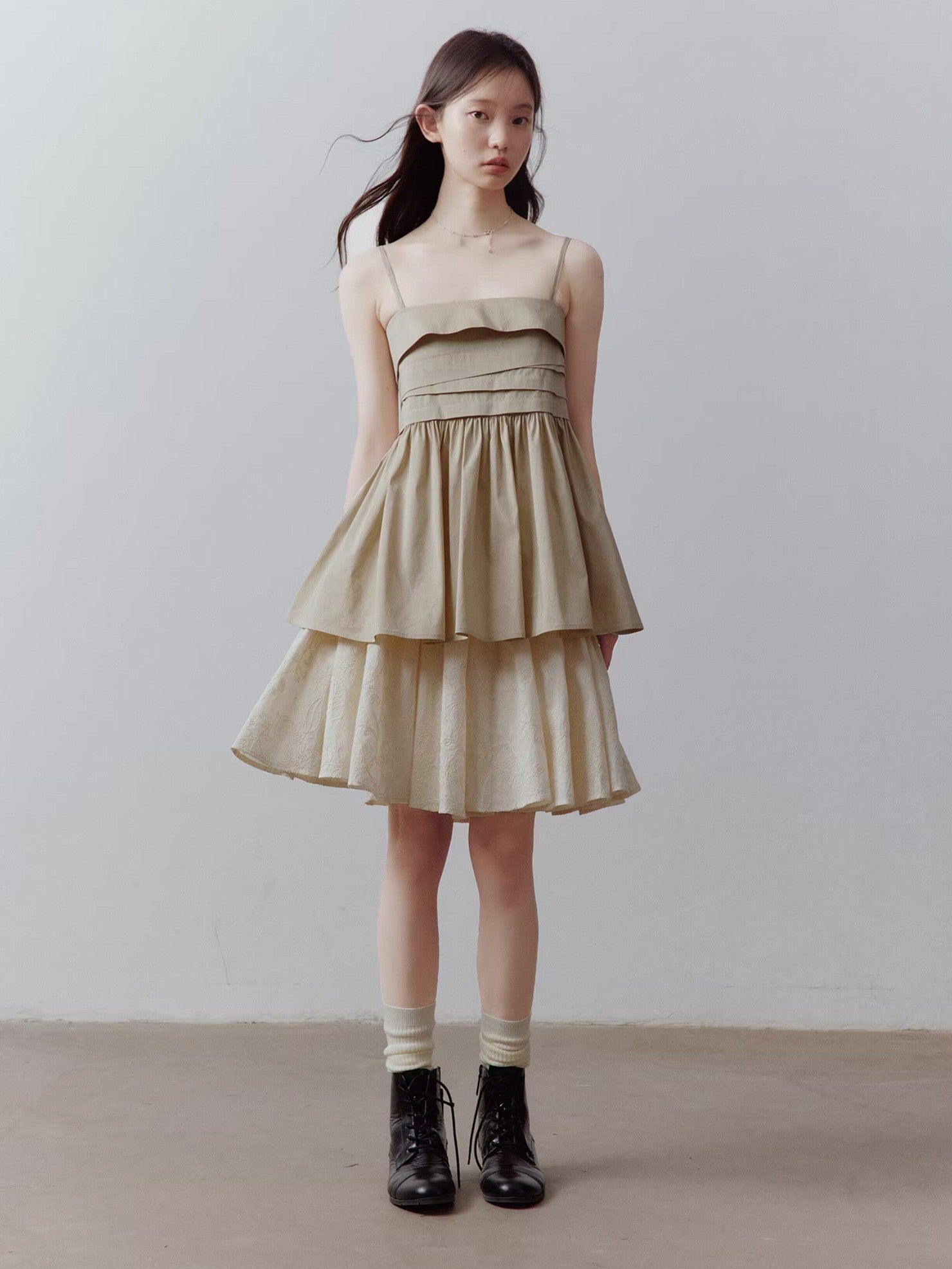 FUSSED Sand Almond Layered Splice Irregular Pleat Zip Women&