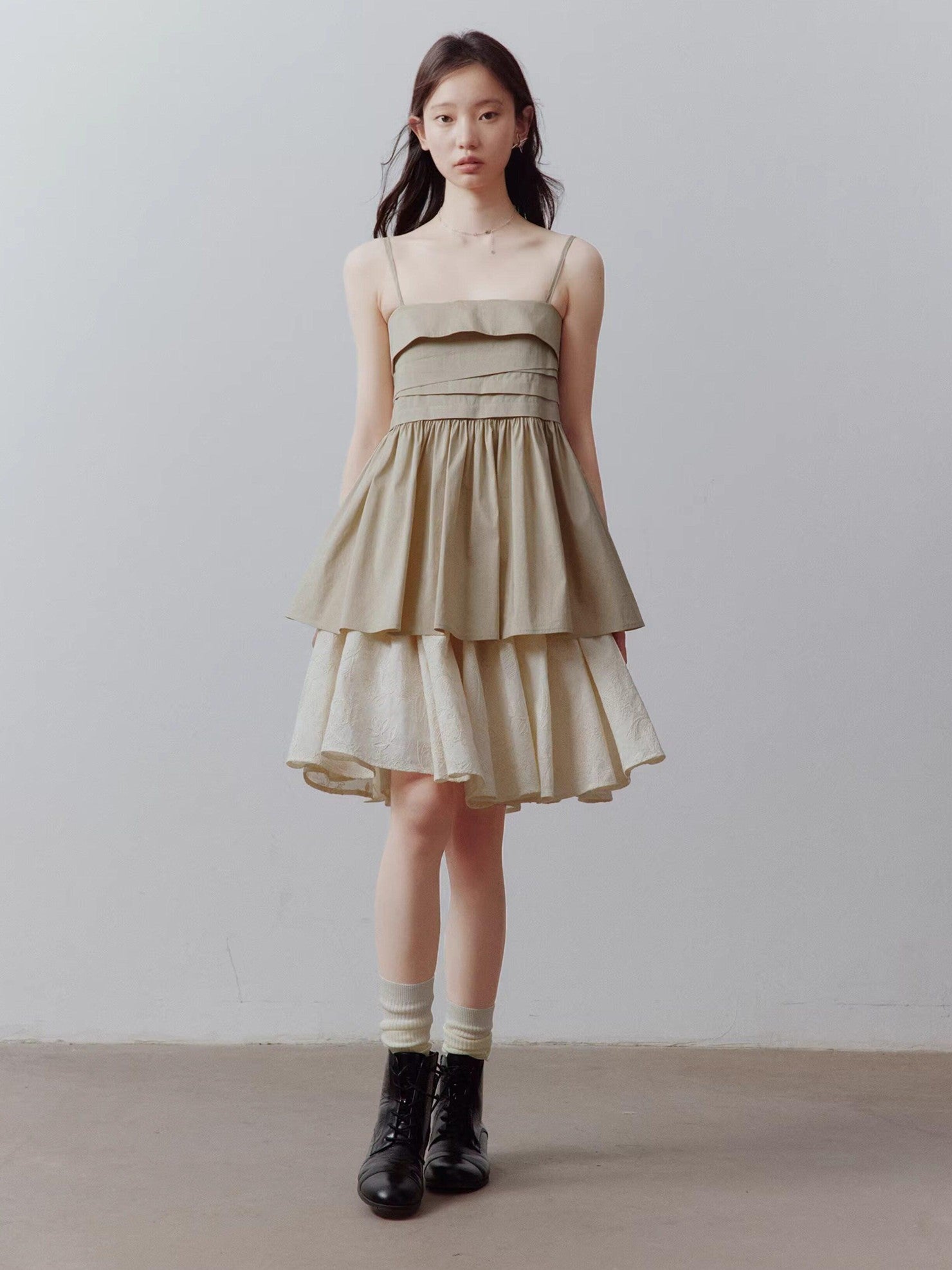 FUSSED Sand Almond Layered Splice Irregular Pleat Zip Women&