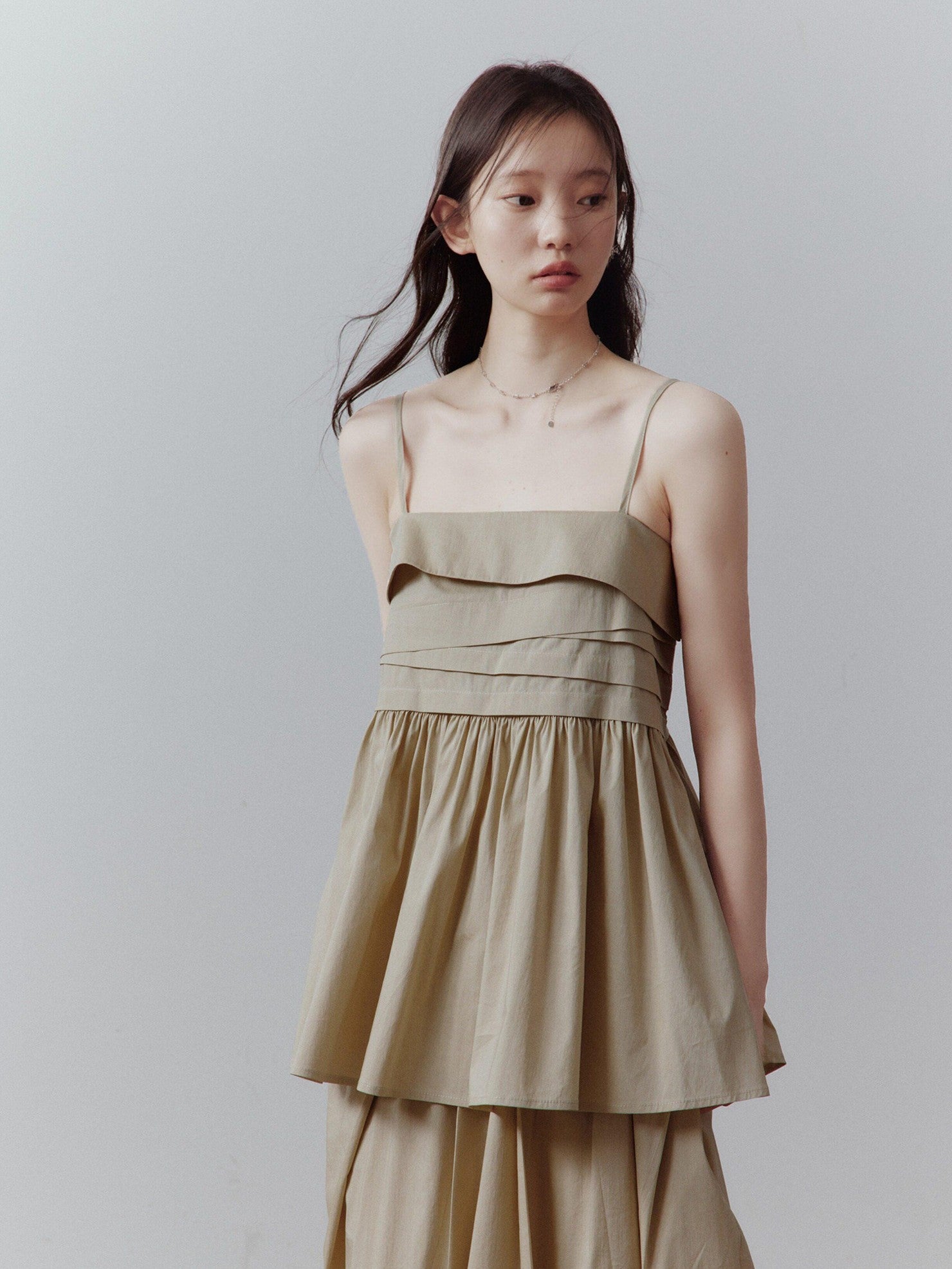 FUSSED Sand Almond Layered Splice Irregular Pleat Zip Women&